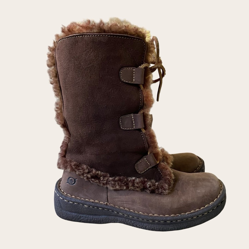Born Winter Boots Women size 6 Brown Leather Shearling Lined Lace Up